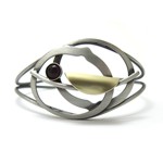 Two tone Open Circles with Red Glass Cuff Bracelet